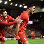 LIVERPOOL, ENGLAND - OCTOBER 22:  Emre Can (R) of Liverpool is congratulated by teammate Adam Lallana of Liverpool after scoring a goal to level the scores at 1-1 during the UEFA Europa League Group B match between Liverpool FC and Rubin Kazan at Anfield on October 22, 2015 in Liverpool, United Kingdom.  (Photo by Michael Regan/Getty Images)
