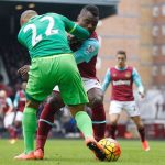 Sunderland's French-born Tunisian midfielder Wahbi Khazri (L) vies with West Ham United's Nigerian striker Emmanuel Emenike during the English Premier League football match between West Ham United and Sunderland at The Boleyn Ground in Upton Park, in east London on February 27, 2016. / AFP / IAN KINGTON / RESTRICTED TO EDITORIAL USE. No use with unauthorized audio, video, data, fixture lists, club/league logos or 'live' services. Online in-match use limited to 75 images, no video emulation. No use in betting, games or single club/league/player publications.  /         (Photo credit should read IAN KINGTON/AFP/Getty Images)